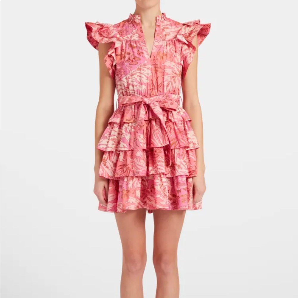 Lulua Frill-Sleeve Tiered-Ruffle Mini Dress